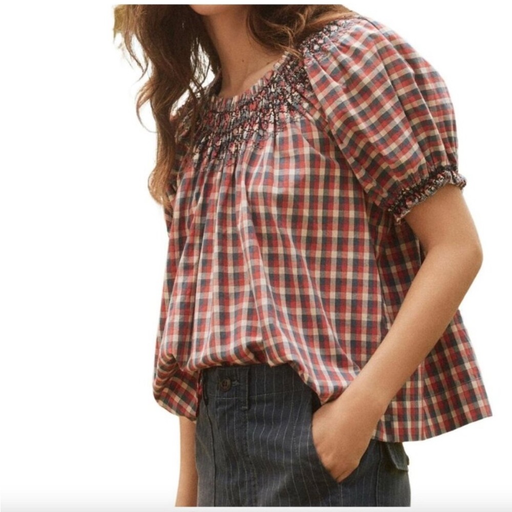 THE GREAT. Red and Blue Checkered Blouse